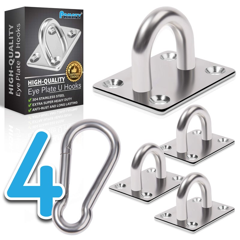 PAMAZY 4 PCS M6 Premium Heavy Duty Square Stainless Steel Pad Eye Hooks + 4 Snap Hooks  16 Screws With Plastic Expansion Tubes  Ceiling Hook for Outdoor Indoor Activity - Image 1